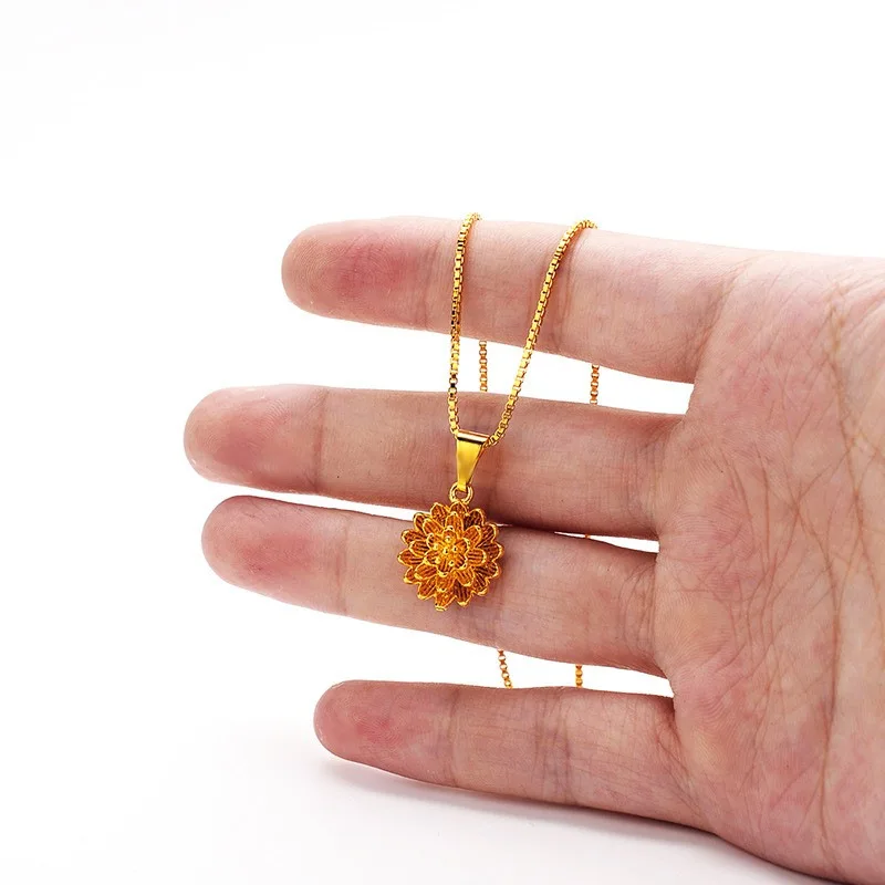 Boutique 9999 new women's gold necklace 24K real golden lotus pendant fashionable women's collarbone chain jewelry