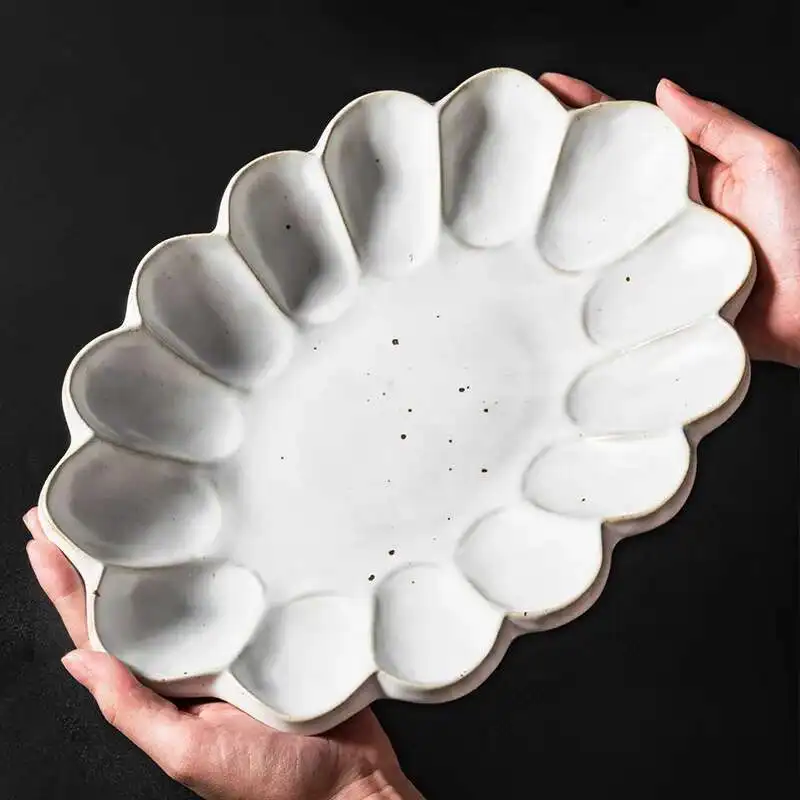 Retro Flower Shape Ceramic Dinner Plate Tableware Steak Dish Fish Long Tray Salad Rice Soup Noodles Bowl