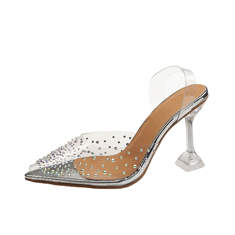 Summer Transparent Sandals Women Crystal High Heel Elegant Shoes Party Dress Ladies New Rhinestone Pointed High Heel Sandals 