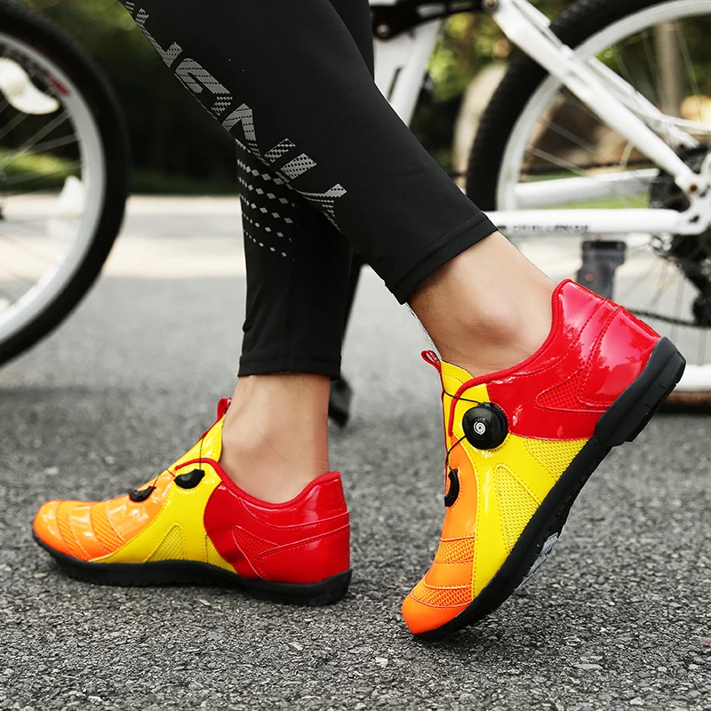 Stylish Colorful Unisex Outdoor Road Cycling Shoes Gold Orange Junior Bicycle Training Sneakers Breathable Women Riding Shoes