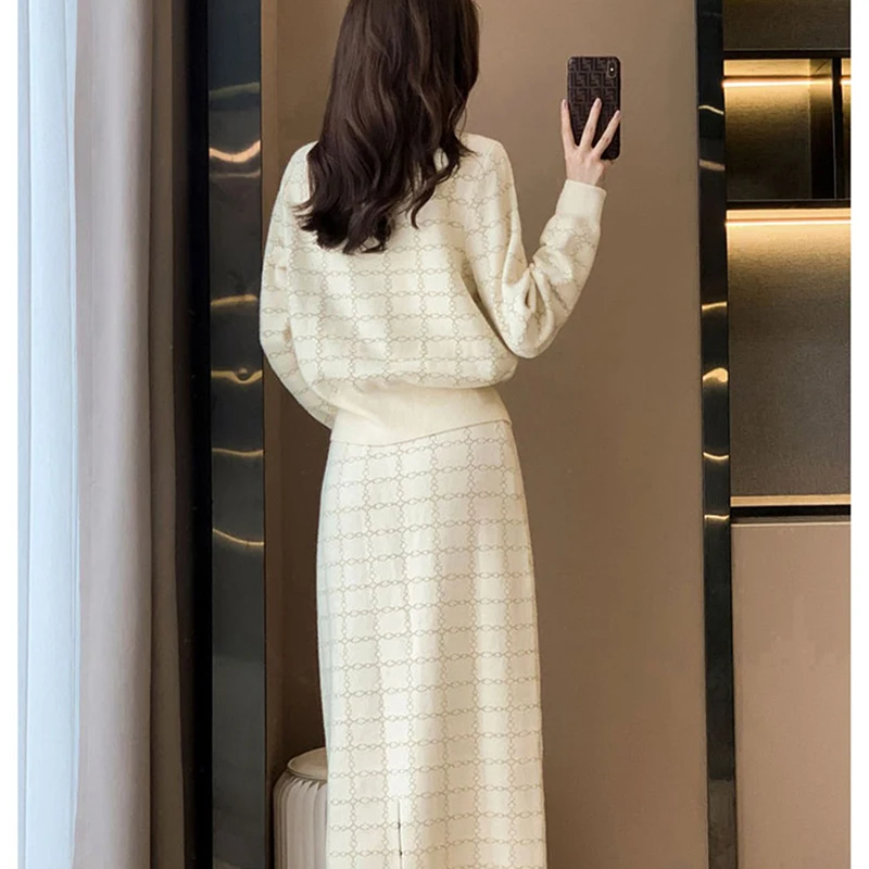 Casual Sweater Tracksuit Slim Plaid Vintage Knit Skirt 2 Piece Set Fashion Short Tops + Bodycon Faldas Elegant Formal Ensembles