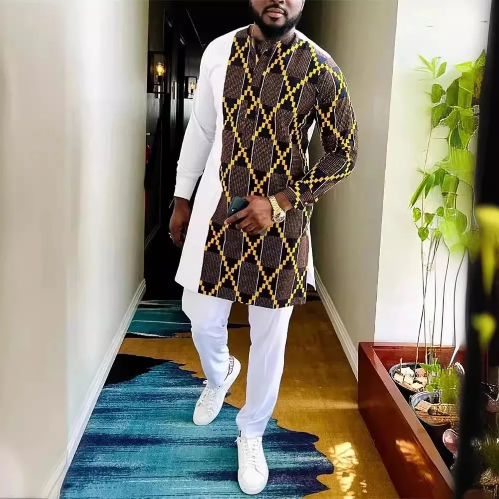Men's casual black and gold print two-piece set