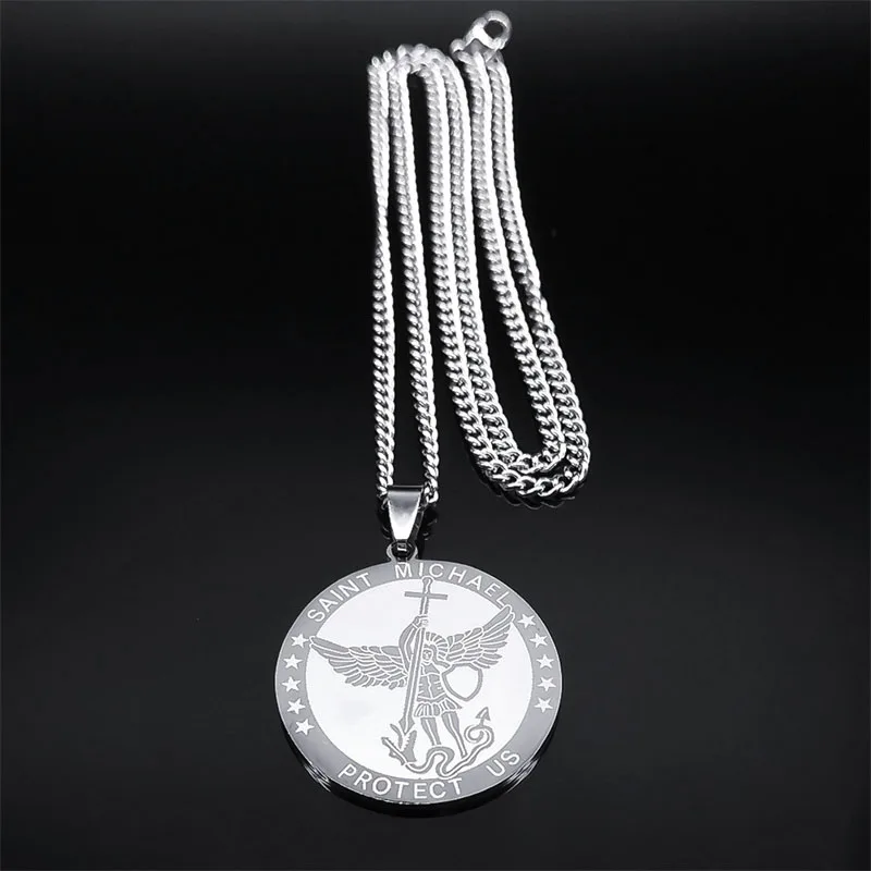 Médaille Saint Michel Homme Collier Archange Ange Pendentif Acier Inoxydable Bijoux Religion