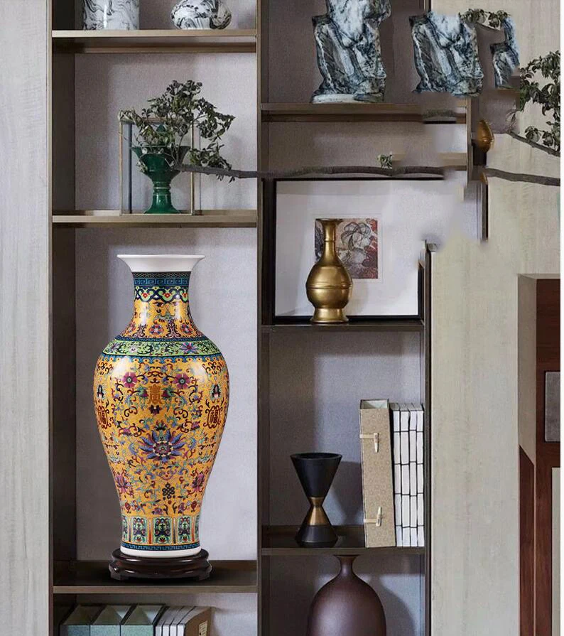Chinese Palace Ceramic Floor Large Vase+Base Ornaments Home Furnishing Livingroom Tbale Figurines Crafts Office Desk Decoration