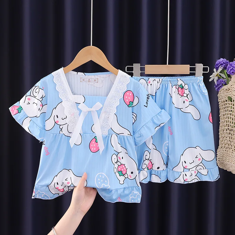 Kawaii Sanrio Kids Pajamas Suit Hello Kitty Cinnamoroll Short Sleeves Shorts Set Sleepwear Summer Girl Homewear Child Pants Suit