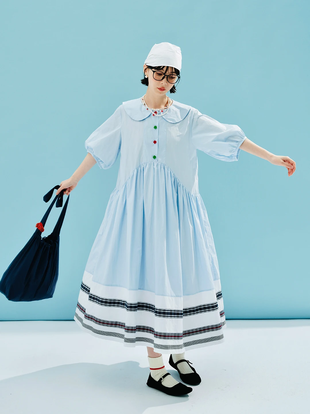 imakokoni summer pure cotton artistic color matching puff sleeves big hem loose long dress 244611