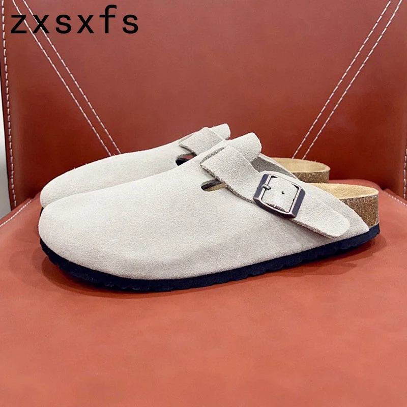 

New Kidesuede Leather Half Slippers Women Slip On Flat Shoes For Women Round Toe Walk Casual Slides Women Shoes 2023