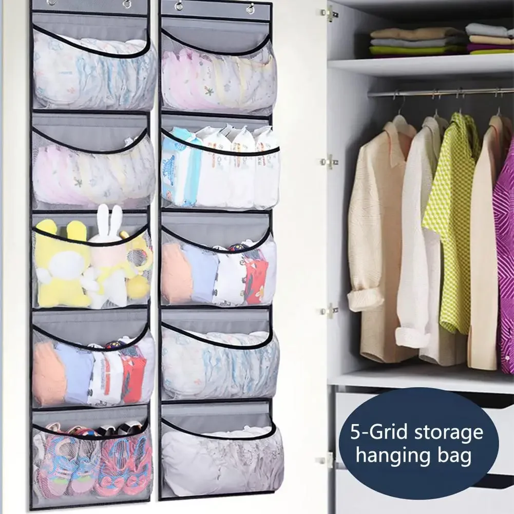 

Door Back Organizer 5 Grids Non-woven Sundries Storage Hanging Bag Underwear Socks Storage Hanging Mesh Bag with 2 Hooks