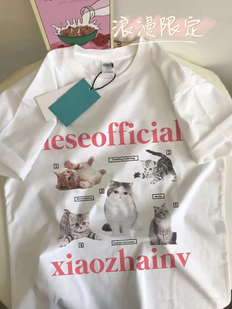 

Boho White Cat Print Graphic T Shirt Women Short Sleeved Loose O Neck 100% Cotton Casual Tops 2023 Summer Tshirt Japanese Kpop