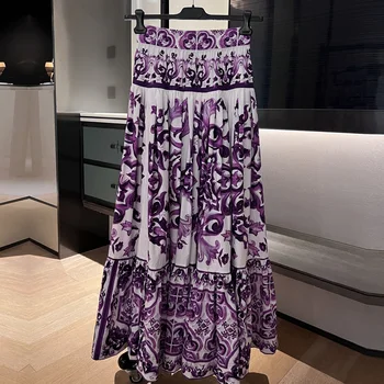 High quality Women's Skirt Poplin Cotton Purple poplin Print Long Skirt Beach Leisure Holiday Party Skirts Luxury 2025 Summer 1