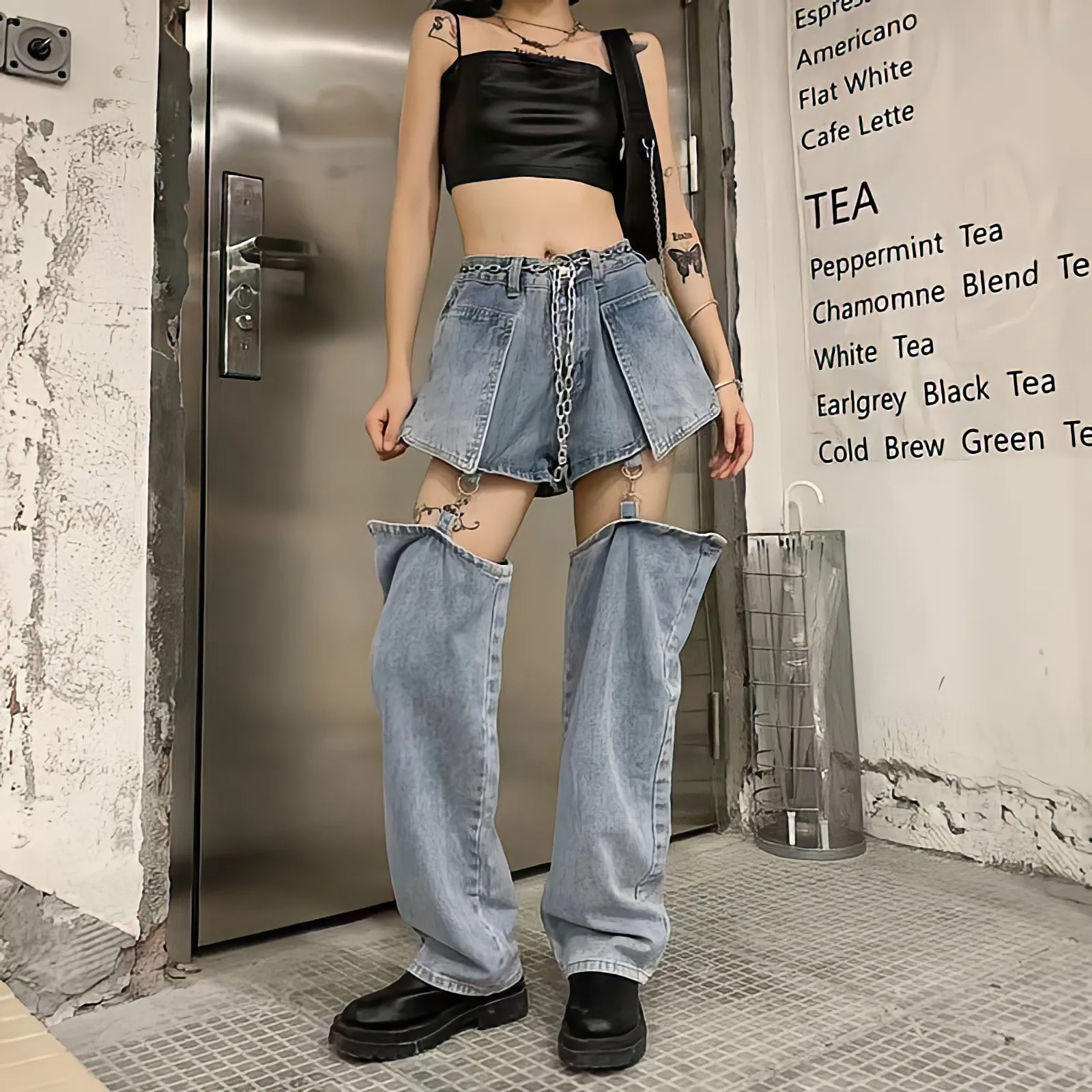 

Korean Fashion Women Harajuku Y2k Blue Jeans Streetwear High Waist Design Baggy Detachable Shorts Straight Wide Leg Black Pants
