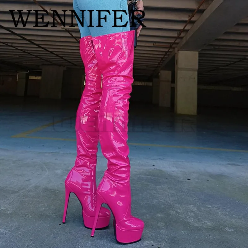 

Neon Green Patent Leather Sexy Thigh High Boots Rounded Toe Platform Stiletto High Heels Boot Ladies Nightclub Party Dress Botas