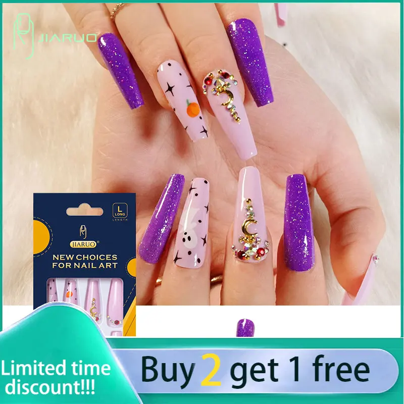 JIARUO 24PCS/BOX Long Press on Coffin Nails Fake Nail Art Y2k Vignette  Simple French Purple Three-dimensional Floret Paste Nail - AliExpress