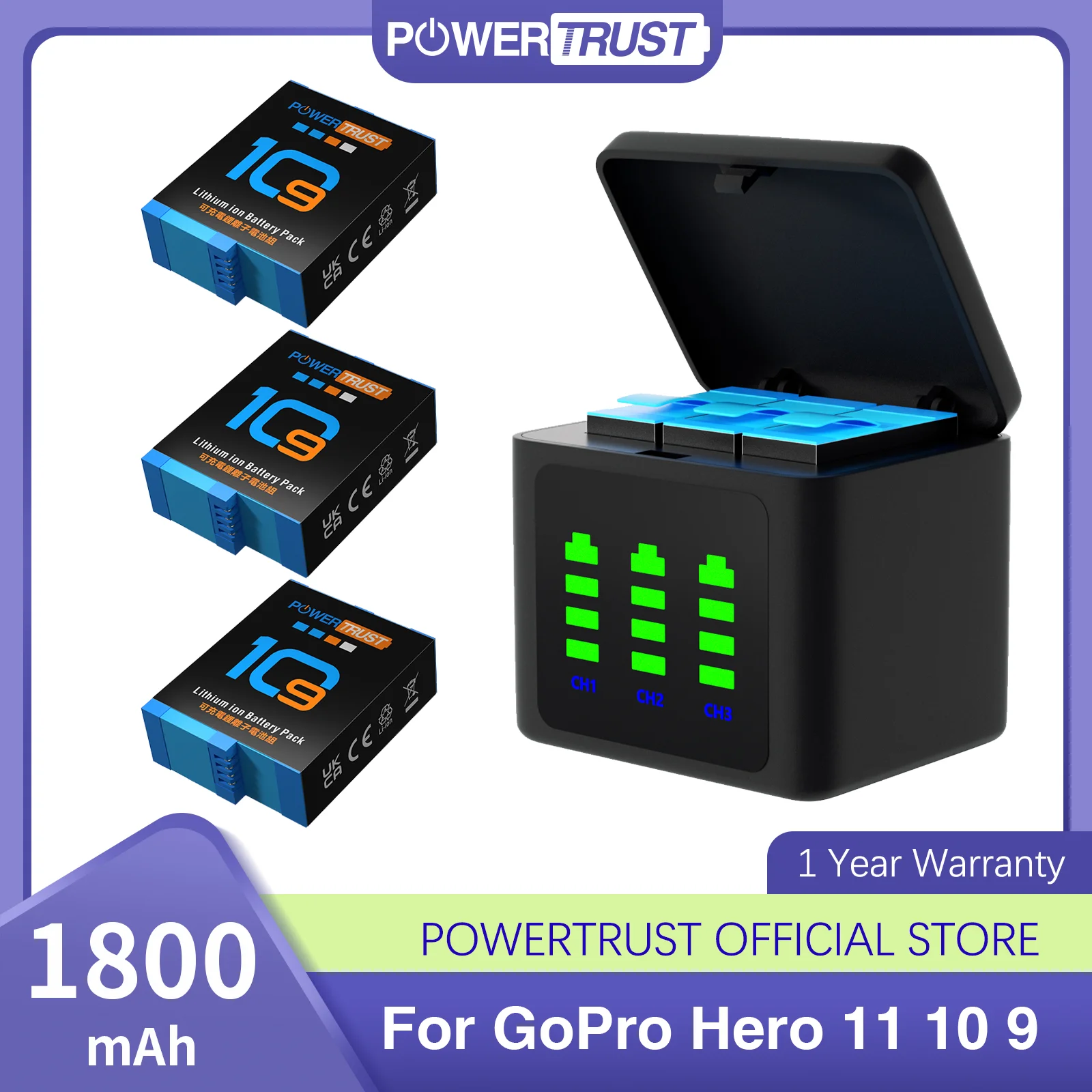 

1800mAh Battery for GoPro Hero 10 and LED Charger for Go Pro Hero 9 Hero12 Hero10 Hero11 Hero 11 Action Sport Camera Batteries