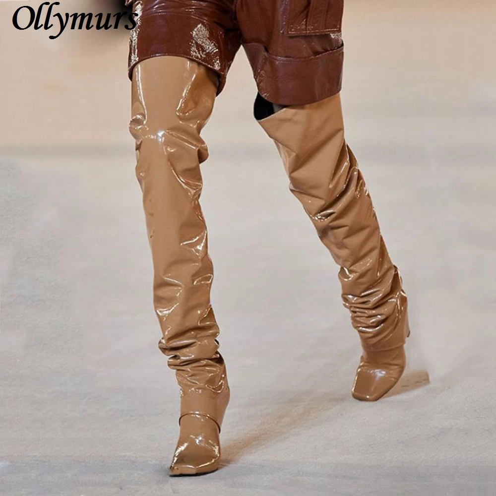 

New Pleated Patent Leather Brown Thick Heel Square Heel plus size over the knee high thigh high boots women shoes