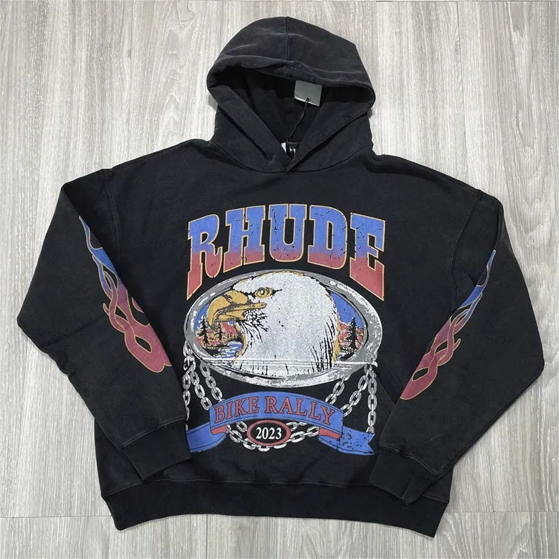 

Winter Hoodies High Street Retro Washed Old Eagle Badge Ribbon Crack Print Oversize Hooded Pullovers Men Women Clothing