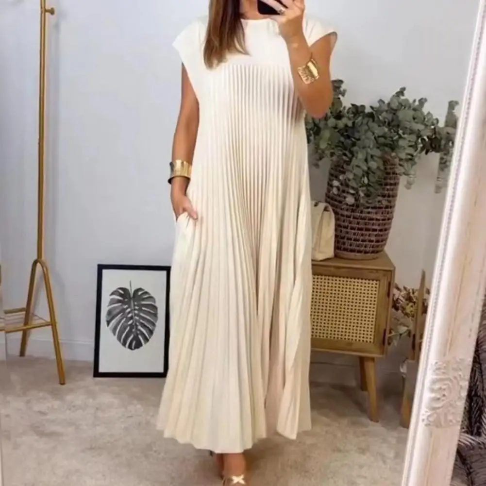 

Women Pleated Long Dress Round Neck Solid Color Loose A-line Sleeveless Soft Summer Commute Maxi Dress Robe платье женское 원피스