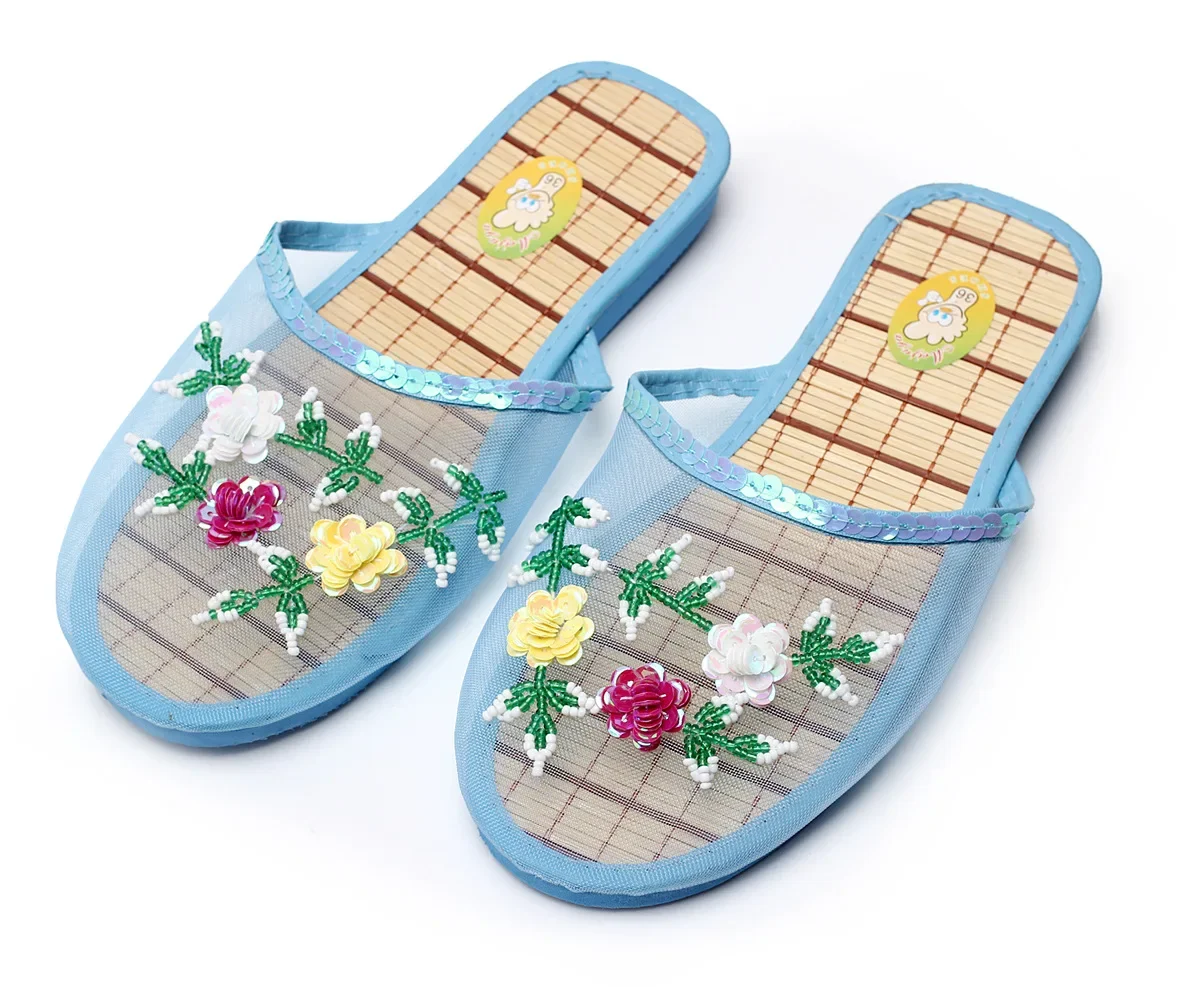 Women Indoor Slippers Sequin Flat Shoes Cool Lady Summer Hollow Mesh Beach Flip Flops Casual Baotou Creative Flower Mesh lightweight slippers flat slippers women slippers cotton slippers warm slippers slippers sandals