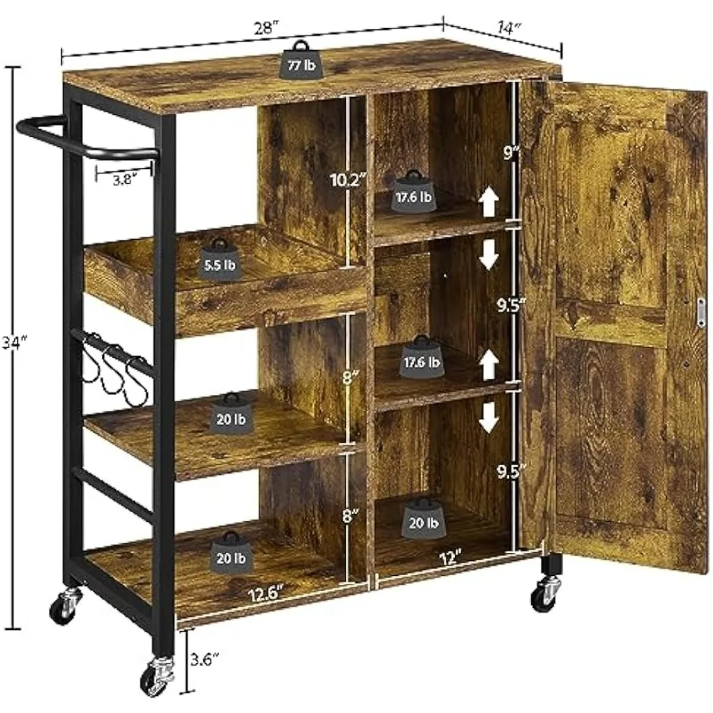 Kitchen Cart with Storage, Rolling Kitchen Island Serving Utility Trolley Cart with Storage Cabinet & Adjustable Shelves