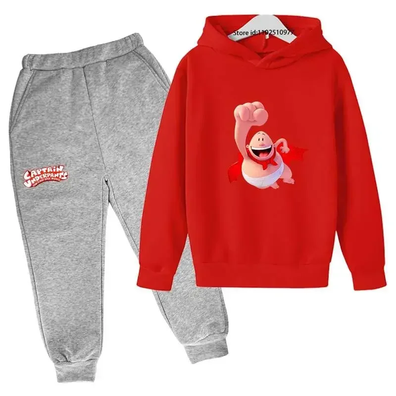 Chándal con estampado de dibujos animados de Capitán Calzoncillos para primavera y otoño, conjunto de 2 piezas informal bonito para niños y niñas, sudadera con capucha y pantalones, ropa para niños