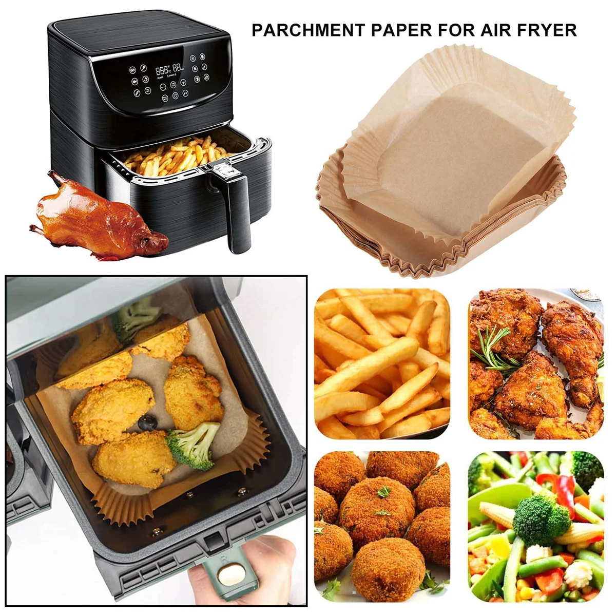 50Pcs Air Fryer Parchment Paper with Oil Brush Air Fryer Liners Square 6.3 Inch Disposable Baking Paper Sheets HOT