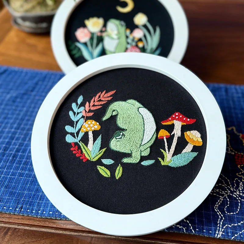 Stamped Embroidery Kit for Beginners with Cute Dancing Frog Cross Stitch kit Color Threads Beach Ocean Style Cross Stitch Kit