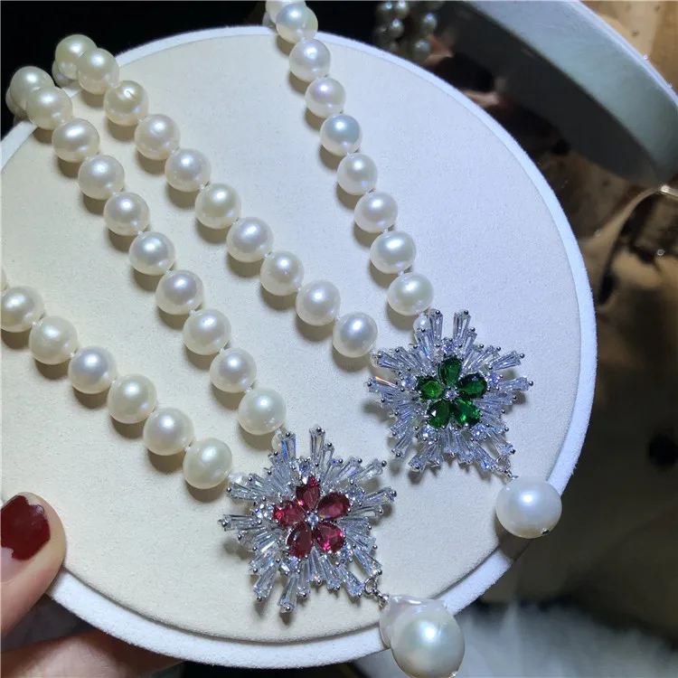 

8-9mm white freshwater pearl snow micro inlay zircon accessories baroque pearl pendant short chain necklace