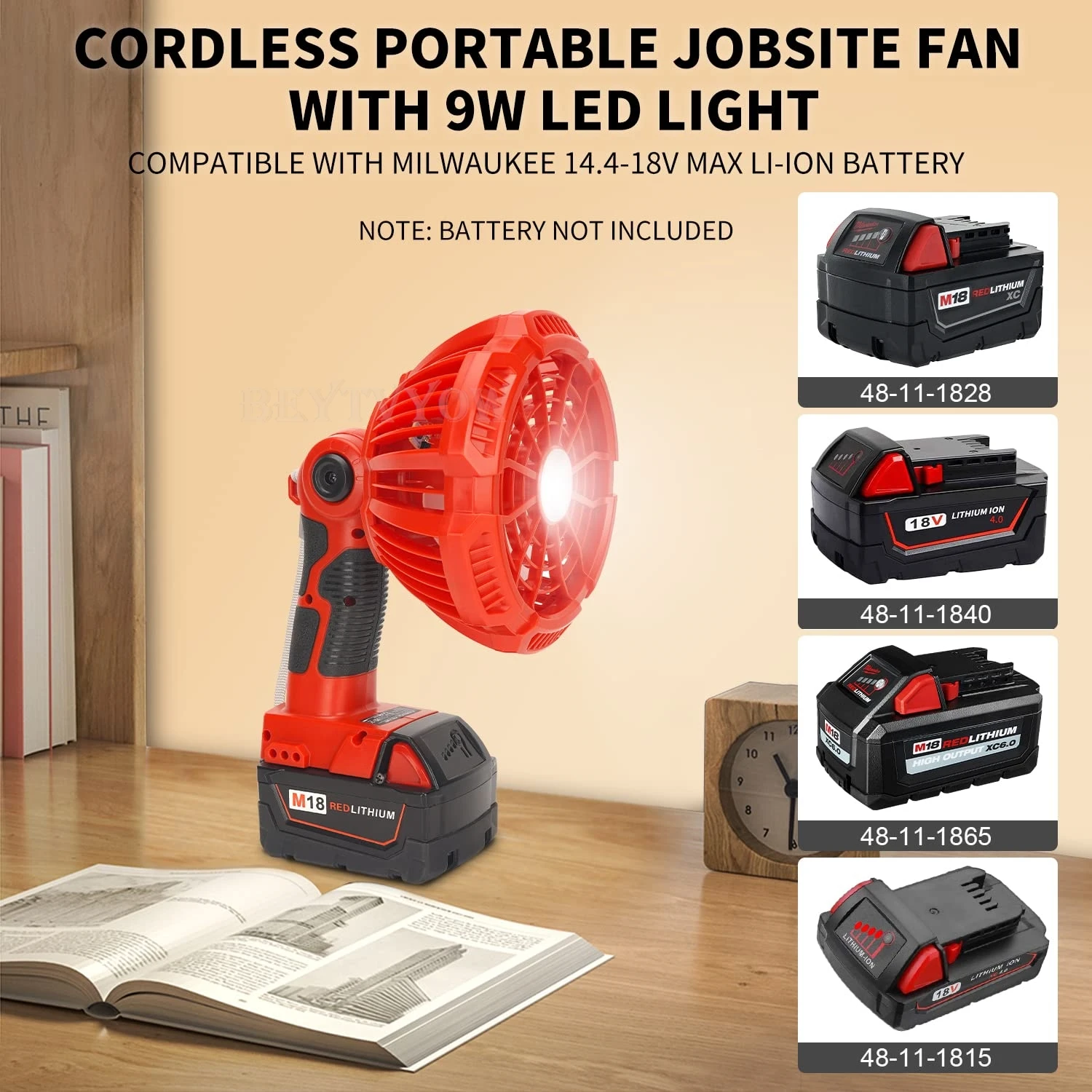 3300RPM Cordless Fan Compatible With Milwaukee 14.4-18V Battery With 300LM LED Light USB Port 3 Speed Brushless Motor Low Noise