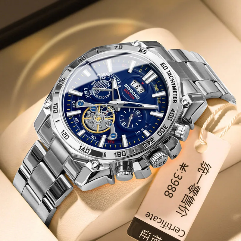 

BINBOND Luxury Men's Sports Quartz Watch Fashion Waterproof Luminous Three Eye Decorative Clock Student Steel Strap Wristwatch