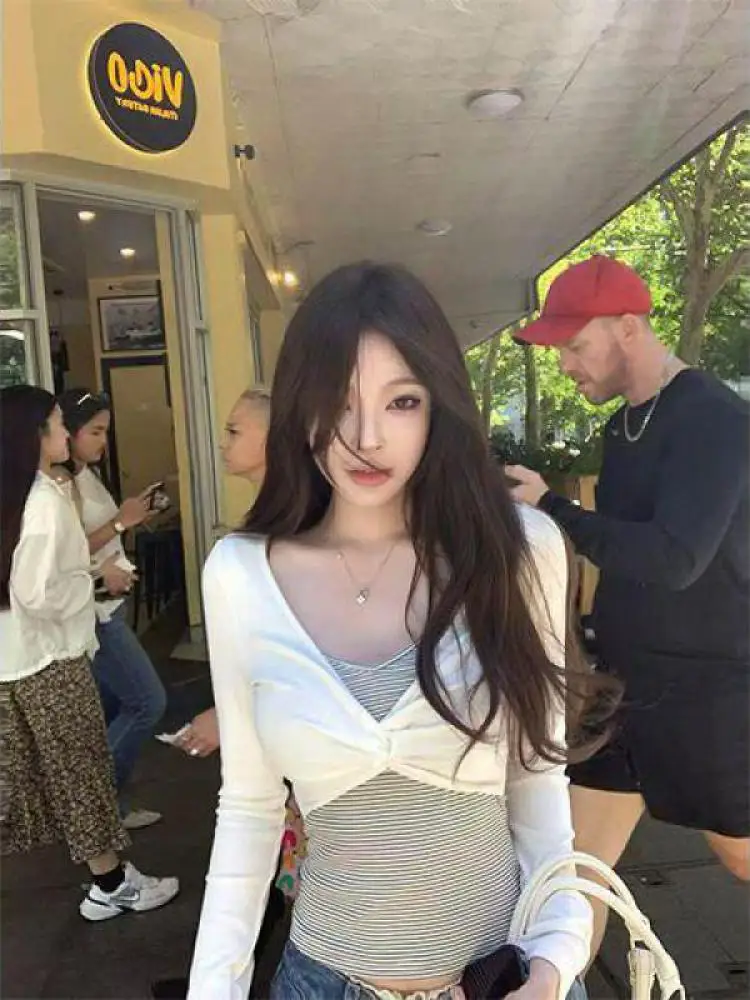 Seeslim Patchwork Fake Two Piece Tops Hotsweet Women's T-shirt Long Sleeve Autumn Spring Tops 2000s Clothes Y2k Slim Tshirt Tees 6