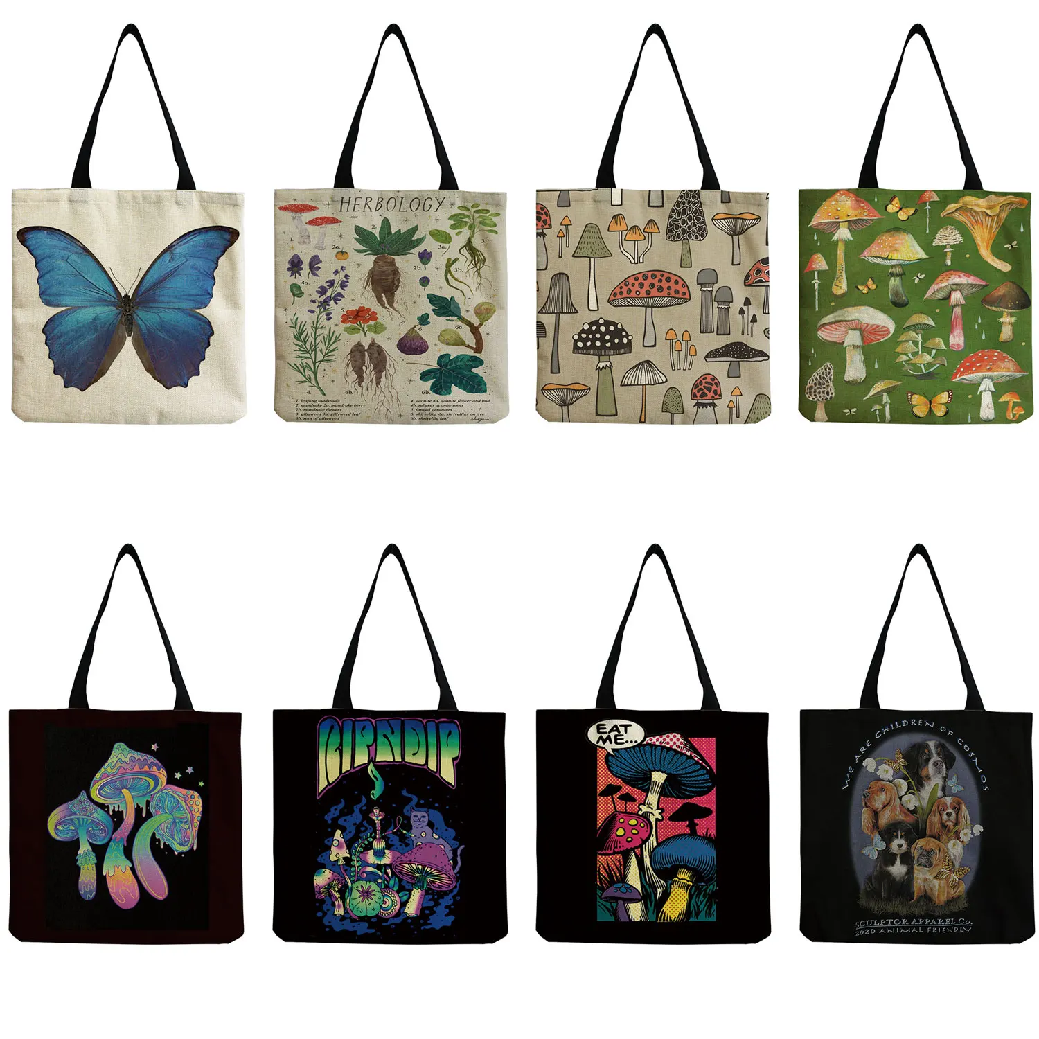 

Beach Bag Portable Butterfly Mushroom Print Handbags Outdoor High Capacity Shopper Bag Tote Bag Eco Friendly Customizable Ladies