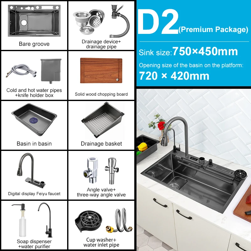 Fregadero De Cocina De Acero Inoxidable 304 - 80x45 Cm, 1 Cubeta Multifunción Con Accesorios (Negro)