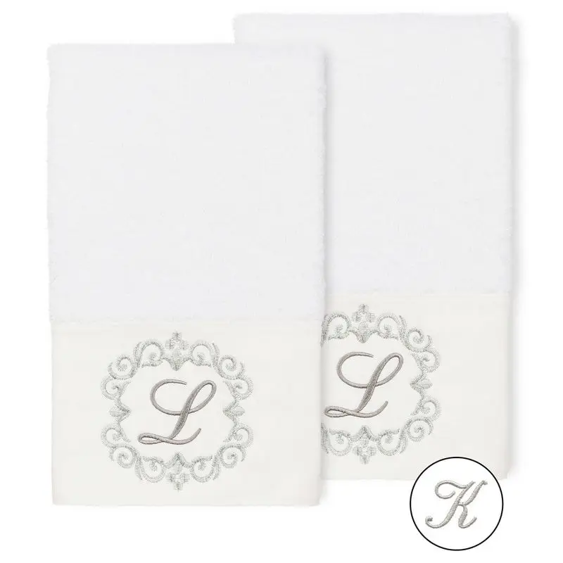 

White/K Monogrammed Hand Towel Set - Set of 2 Towels - Personalized, Customized, Embroidered, Initials