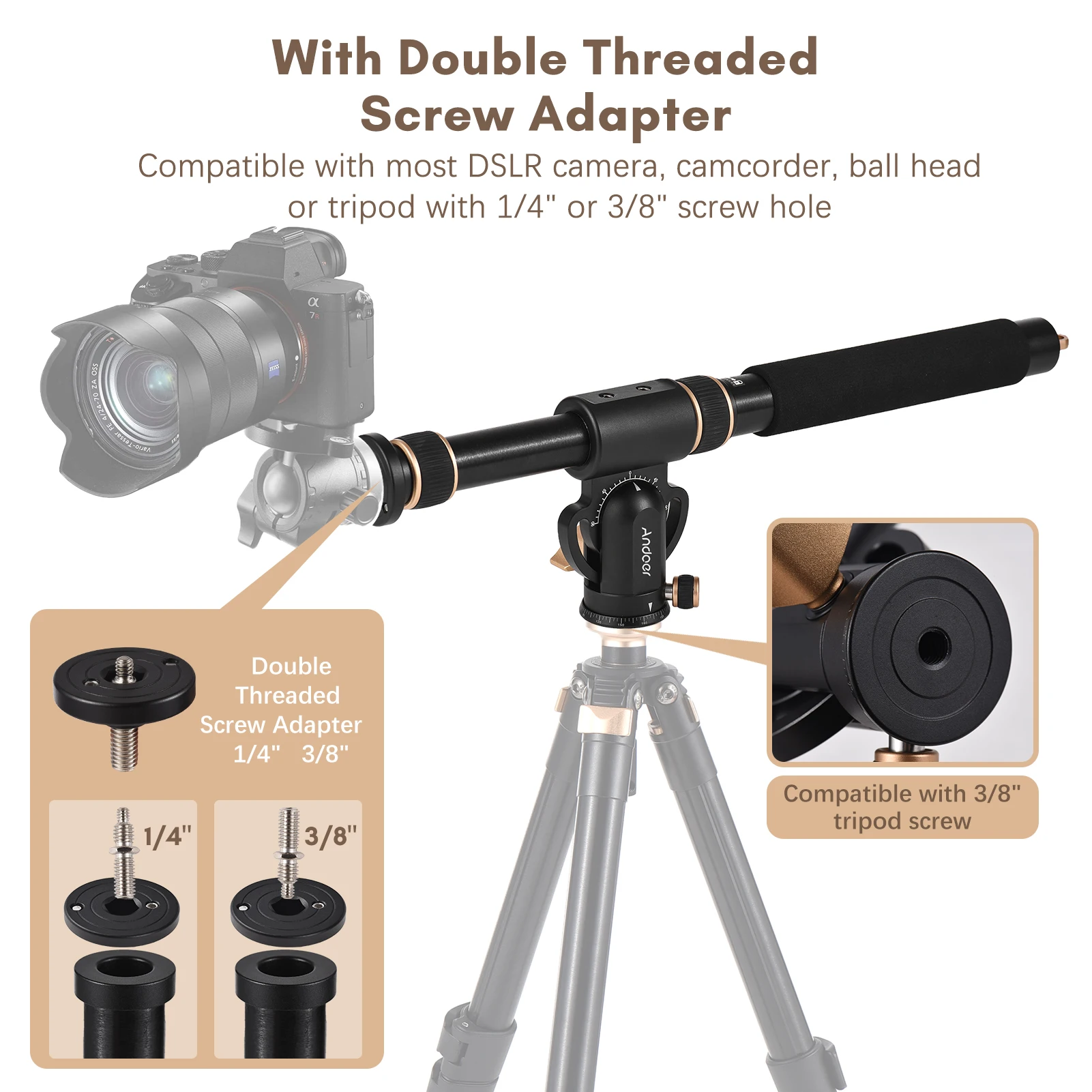Andoer Universal Tripod Extension Arm Aluminum Alloy Detachable Extender Horizontal 360&deg; Rotatable Base 5kg Load Capacity
