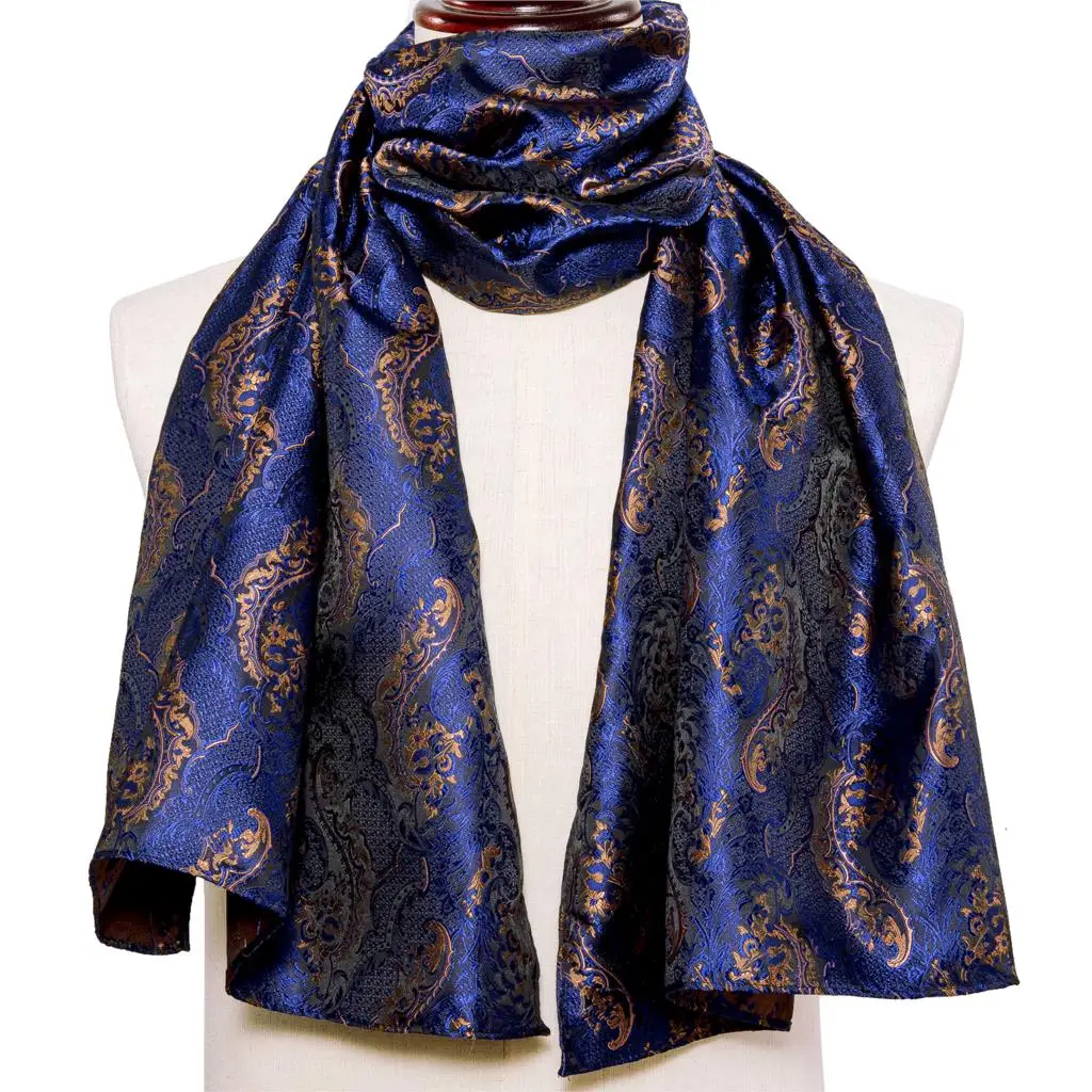 

New Fashion Men Scarf Blue Gold Jacquard Paisley 100% Silk Scarf Autumn Winter Casual Business Suit Shirt Shawl Scarf Barry.Wang