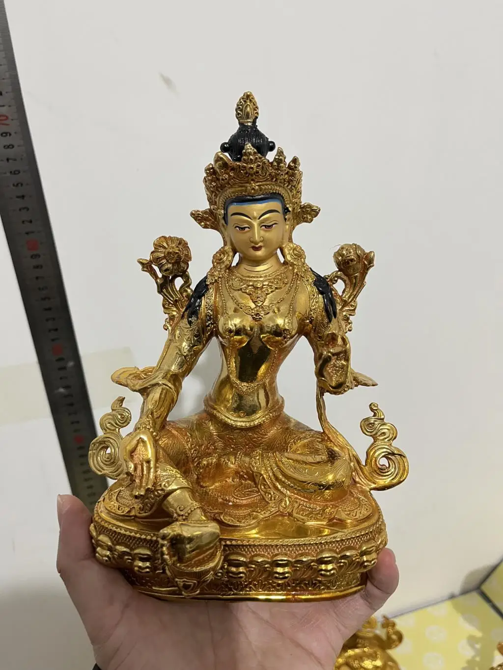 

Wholesale Buddhism supply Green Tara guanyin goddess HOME Temple Worship Family protection gilding COPPER Buddha statue