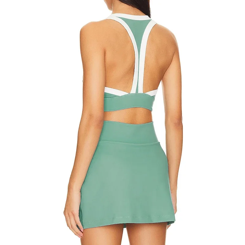 Women 2 Piece Sets Sport Golf Tennis V-neck Crop Top Backless + Skirts Athletic Training Clothes