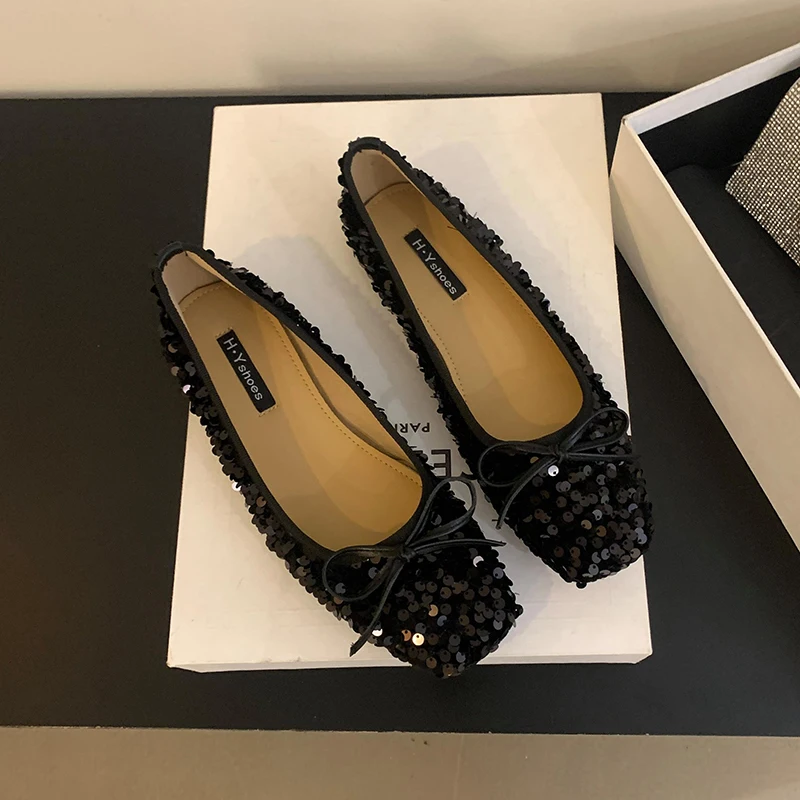ZOOKERLIN Vintage Bow Rhinestone Sequins Flats Shoes For Women Elegant Dress Ballet Mary Jane Women's Pumps Slip On Summer Solid