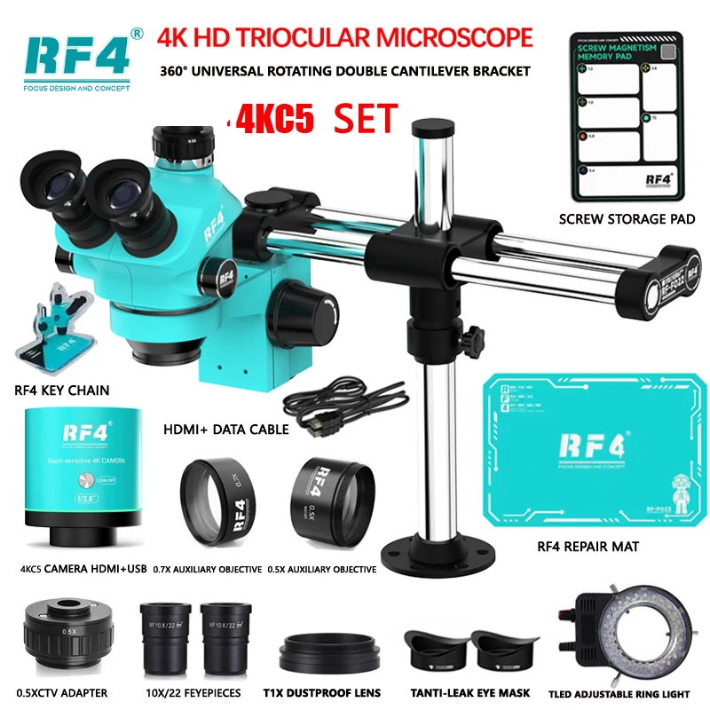RF4 더블 붐 줌 Simul Focal Trincular 스테레오 현미경 1080P 4K HDMI USB 현미경 카메라 전화 PCB 수리 도구
