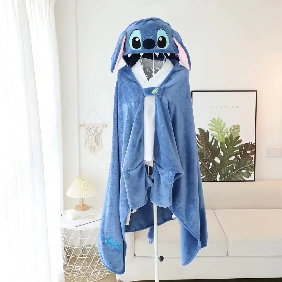 Disney Lilo and Stitch Coral Fleece Fabric Blanket with Hooded Cartoon  Cosplay Cloak Cape Warm Wearable