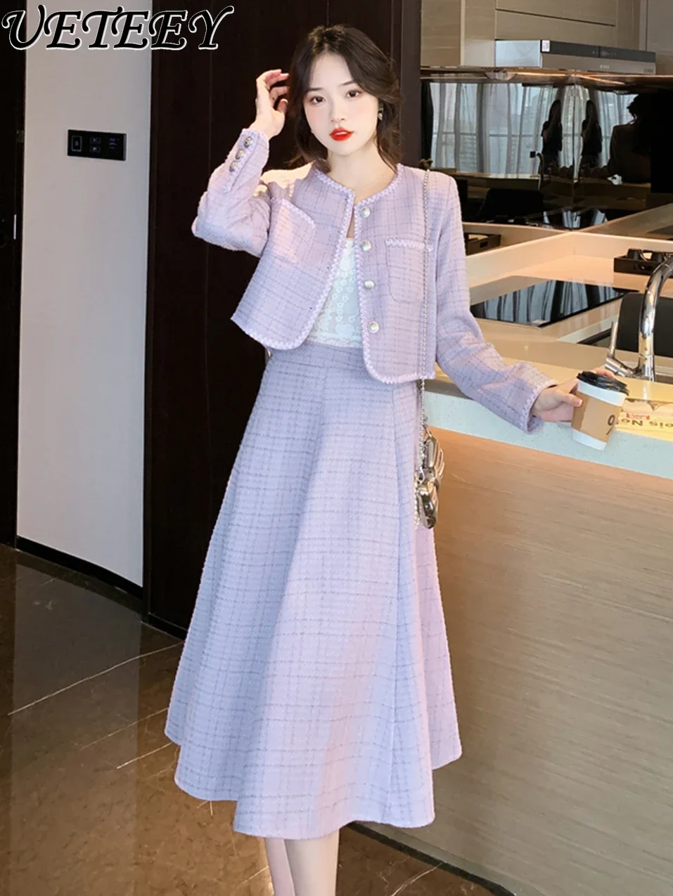 

High Sense Autumn Winter New Tweed Woolen Coat Socialite Commute High Waist Big Swing Pleated Skirt Two-Piece Set Office Lady