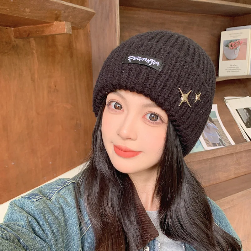 Solid Color Autumn Winter Hat Women Woolen Knitted Warm Beanie Cap Metal Star Ladies Girl Crochet Ear Protection Hat
