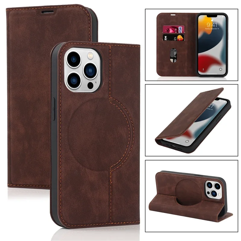 Leather RFID Wallet Card Holder with MagSafe Flip Case and Stand Cover