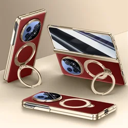 Rotatable Metal Magnetic Bracket with Tempered Glass Protective Film and Slim Leather Cover Case for OPPO Find N5 (Red Privacy Glass)