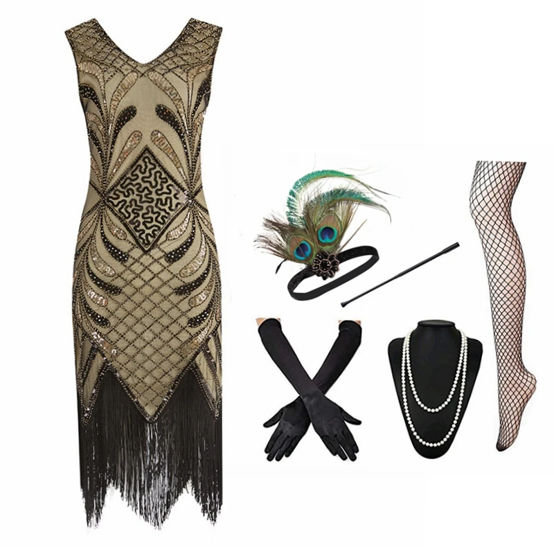

Women 1920s Vintage Flapper Party Dress Art Deco Great Gatsby Shiny V-Neck Sequin Bead Fringe Embellished with Accessories Dress
