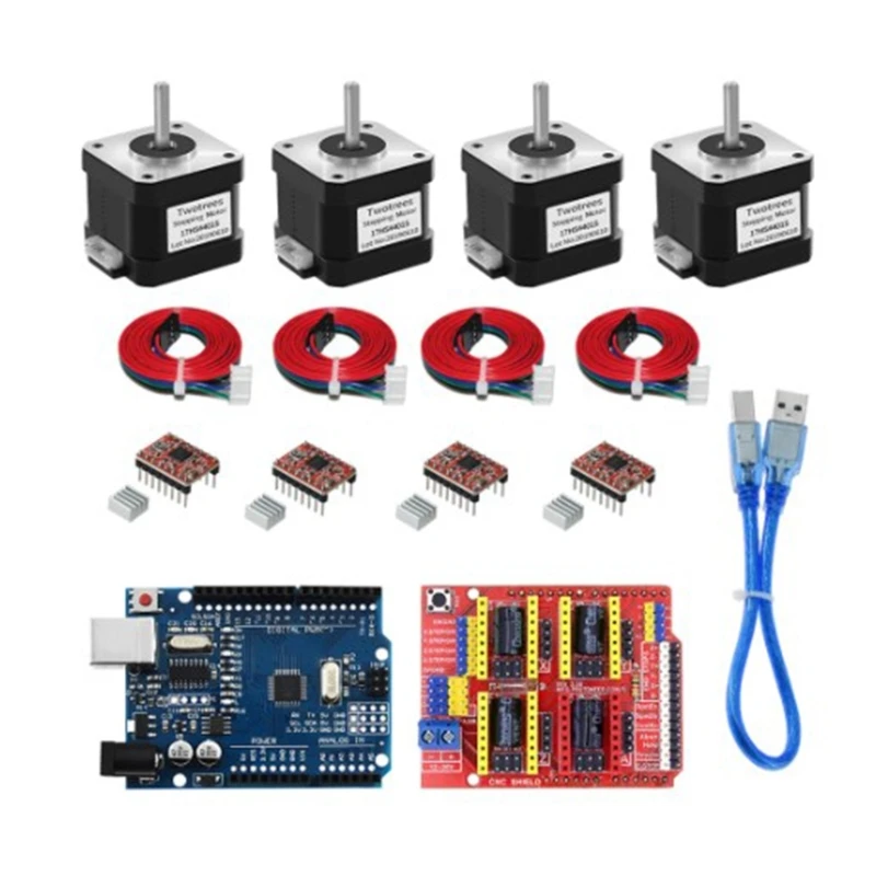 4-Lead Nema17 Stepper Motor 17HS4401S + CNC-Shield Engraving Machine+4pcs A4988 Driver Expansion Board 3D Printer new 3d printer accessories 42 step motor 17hs4401 38 height micro drive motor two phase four wire lead screw engraving machine
