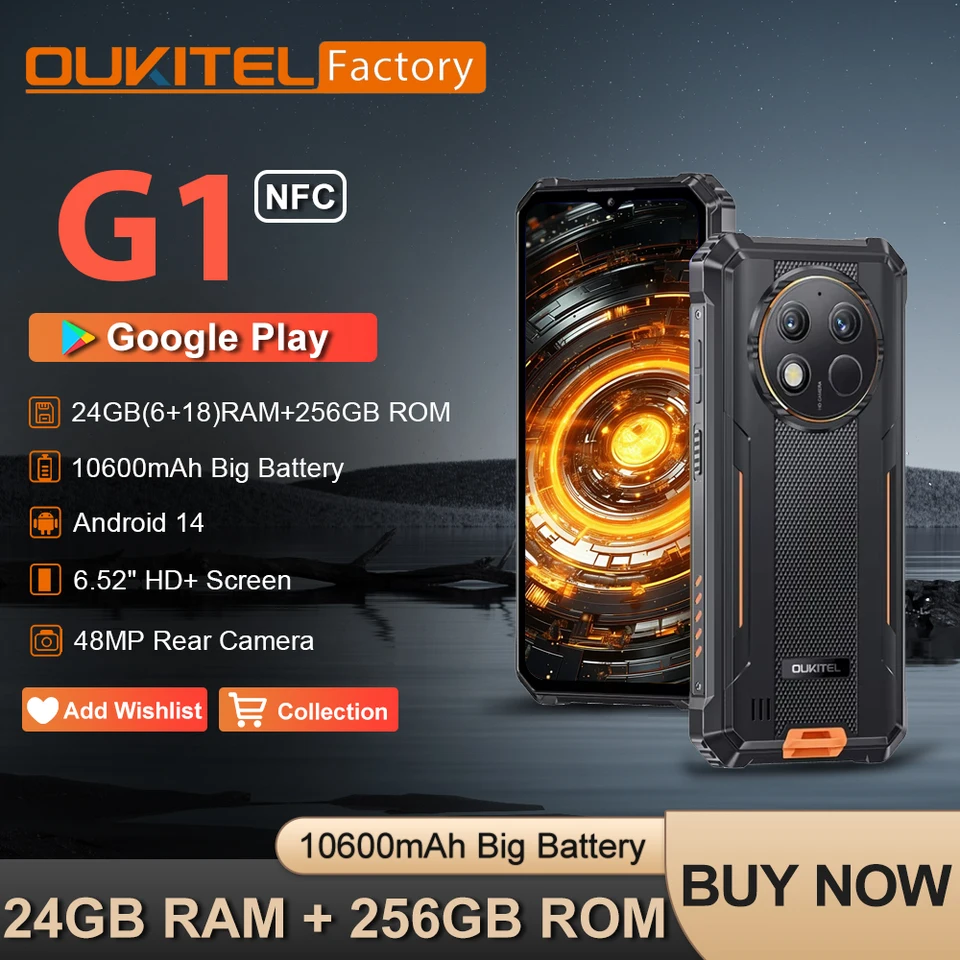 Oukitel G1 24GB+256GB Cellphone 6.52'' HD+ 10600mAh Android14 48MP