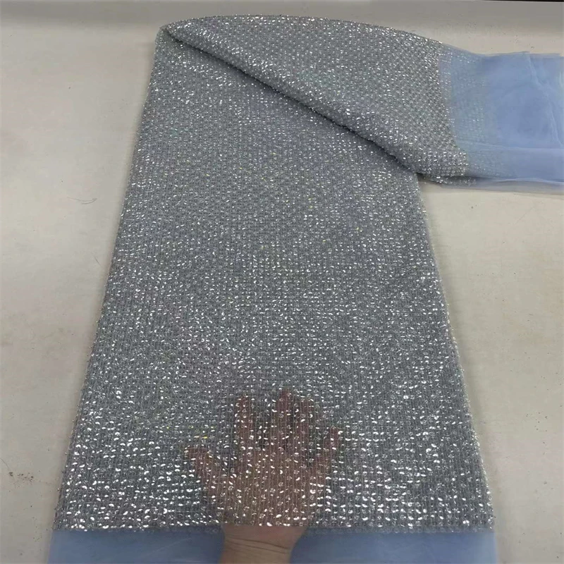 

2023 High Quality Nigerian African Tulle Fabric With Sequins Bead Tube Embroidery French Lace Fabric For Wedding Dress Material