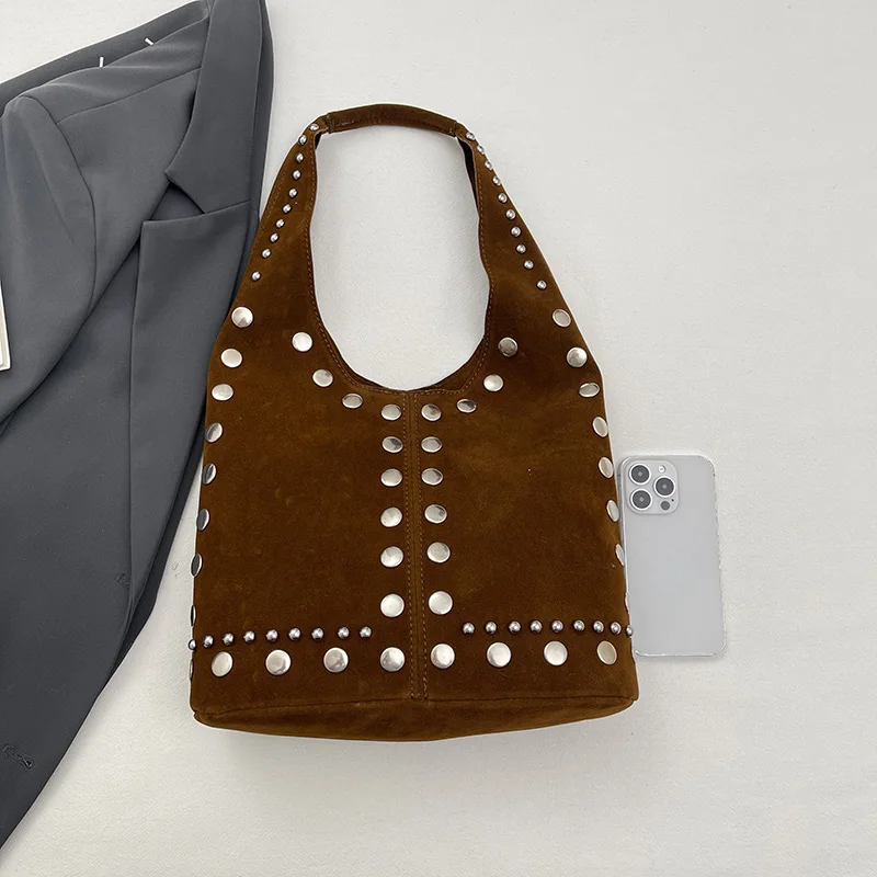 Große kurze Griff PU-Leder einfarbige Tragetaschen für Frauen 2026 Y2K Damen Umhängetasche weibliche Retro-Handtasche Designer Nietentasche – Detail 11