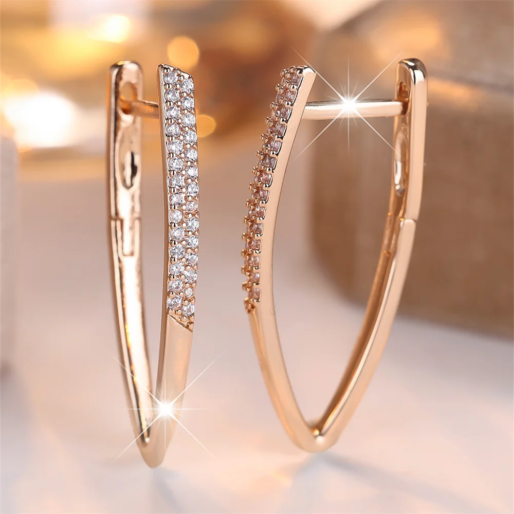 White Zircon Geometric Hollow V Shaped Hoop Earrings For Women Vintage Gold Color Ear Buckle Wedding Jewelry Versatile Gifts